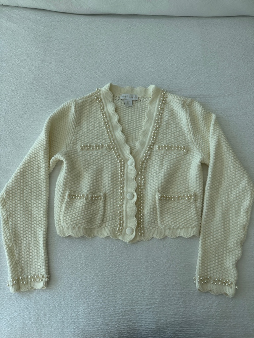 Pearl-Trim Ivory Knit Cardigan Sweater - Women